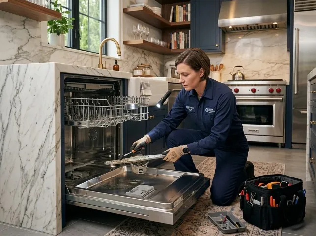 Appliance Repair Hero technician servicing a built-in dishwasher in a Blue Island, IL kitchen
