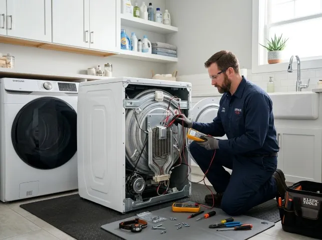 Appliance Repair Hero technician checking a dryer heating element with the rear panel off in Blue Island, IL