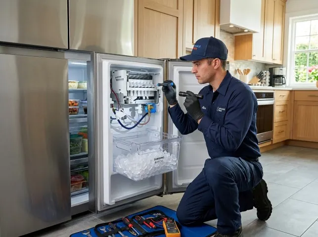 Appliance Repair Hero technician repairing a refrigerator ice maker in Blue Island, IL