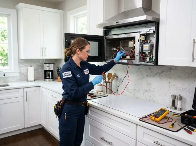 Appliance Repair Hero technician testing an over-the-range microwave in a Blue Island, IL kitchen