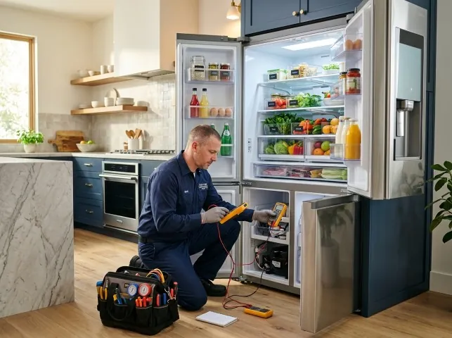 Appliance Repair Hero refrigerator technician testing a fridge on a Blue Island, IL service call