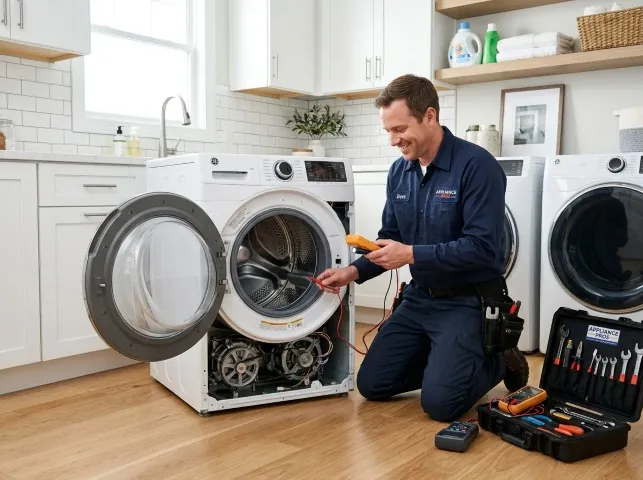 Appliance Repair Hero technician testing a front-load washer with a multimeter on a Blue Island, IL service call